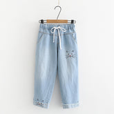 Japanese Style Cartoon Cat Embroidered Denim Jeans
