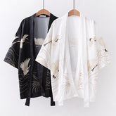 Unisex Retro Cartoon Crane Print Loose Kimono Coat
