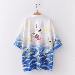 Women's Crane Print Cardigan Loose Kimono