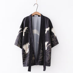 Unisex Retro Cartoon Crane Print Loose Kimono Coat