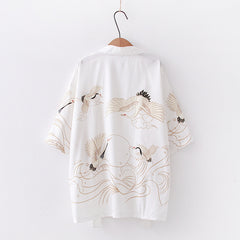 Unisex Retro Cartoon Crane Print Loose Kimono Coat