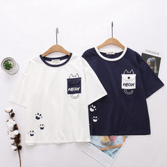 Women's Pocket Cat Print Loose Half Sleeve T-shirt