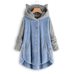 Women's Button Cat's Ears Plush Irregular Contrast Hooded Coat