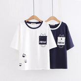 Women's Pocket Cat Print Loose Half Sleeve T-shirt