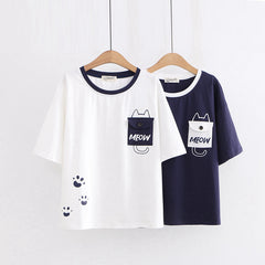 Women's Pocket Cat Print Loose Half Sleeve T-shirt
