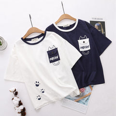 Women's Pocket Cat Print Loose Half Sleeve T-shirt