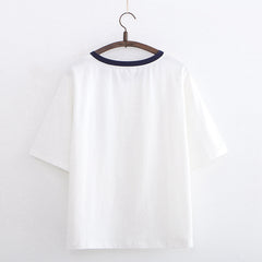 Women's Pocket Cat Print Loose Half Sleeve T-shirt