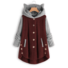 Women's Button Cat's Ears Plush Irregular Contrast Hooded Coat