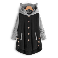 Women's Button Cat's Ears Plush Irregular Contrast Hooded Coat