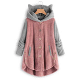 Women's Button Cat's Ears Plush Irregular Contrast Hooded Coat