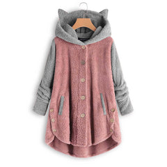 Women's Button Cat's Ears Plush Irregular Contrast Hooded Coat