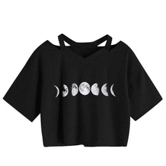 Women's Moon Planet Printed V-neck Short Sleeved T-shirt