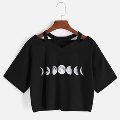 Women's Moon Planet Printed V-neck Short Sleeved T-shirt