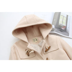 Plain Color Double Horn Button Loose Hooded Woolen Coat