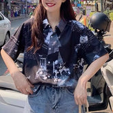 Retro Style Girls Newspaper Printed Short-sleeved Shirt