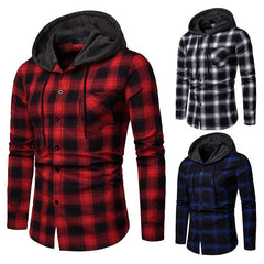 Casual Men's Checkered Thin Shirt Patchwork Hoodie