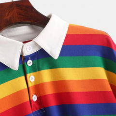 Rainbow Striped Polo Neck Long Sleeve Cropped T-shirt