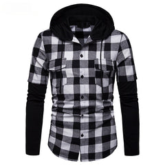 Stylish Men's Plaids Shirt Patchwork Button Hoodie