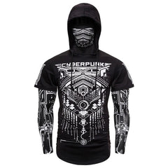 Men's Fitness Mask Fake Two-piece Graphic Stretch Hooded Long Sleeve Shirt
