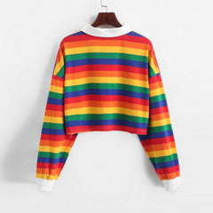 Rainbow Striped Polo Neck Long Sleeve Cropped T-shirt