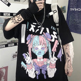 Dark Anime Cute Girl Print Short Sleeve T-shirt
