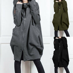 Women's Solid Color Hooded Pockets Mid Length Fake Two Piece Coat