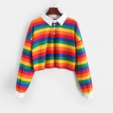 Rainbow Striped Polo Neck Long Sleeve Cropped T-shirt