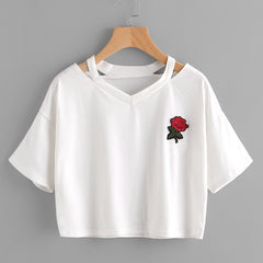 Sexy Rose Embroidered Short Sleeve Cropped T-shirt
