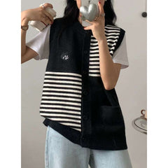 Korean Style Striped Stitching Cat Embroidered Cardigan Vest