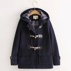 Winter Cotton Padded Hooded Horn Buckle Woolen Coat