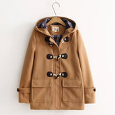Winter Cotton Padded Hooded Horn Buckle Woolen Coat