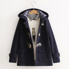 Winter Cotton Padded Hooded Horn Buckle Woolen Coat