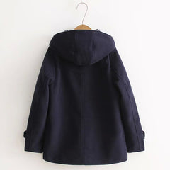 Winter Cotton Padded Hooded Horn Buckle Woolen Coat