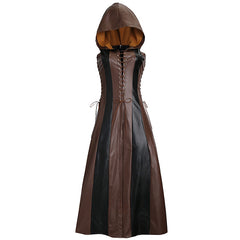 Chic Color Block Lace Up Sleeveless Long Leather Hooded Dress