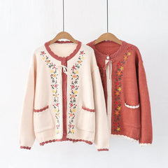 Stylish Floral Embroidered Round Neck Button Cardigan