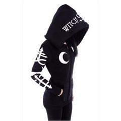 Witch Style Graphic Moon Letter Printed Black Hoodie