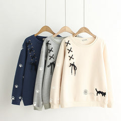 Kawaii Cat Embroidered Straps Pullover Sweatshirt
