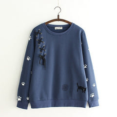 Kawaii Cat Embroidered Straps Pullover Sweatshirt