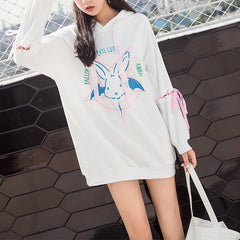 Korean Style Bunny Print Mid-length Straps Hoodie