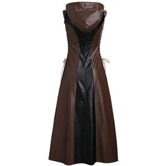 Chic Color Block Lace Up Sleeveless Long Leather Hooded Dress