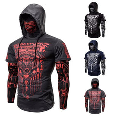 Men's Fitness Mask Fake Two-piece Graphic Stretch Hooded Long Sleeve Shirt