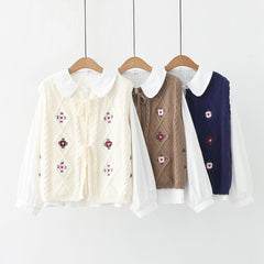 Retro Sleeveless Floral Embroidery Cardigan Vest with Doll Collar Shirt