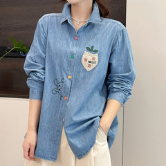 Cute Rabbit Embroidered Long Sleeve Lapel Shirt