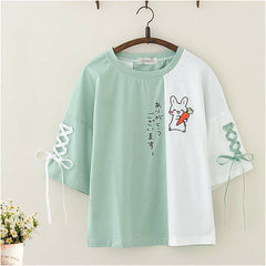 Cute Cartoon Rabbit Embroidery Half Sleeve Color Block T-shirt