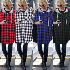 Women's Oversized Slim Fit Medium Length Plaid Hooded Cardigan Jacket