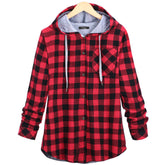 Women's Oversized Slim Fit Medium Length Plaid Hooded Cardigan Jacket