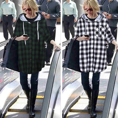 Women's Oversized Slim Fit Medium Length Plaid Hooded Cardigan Jacket
