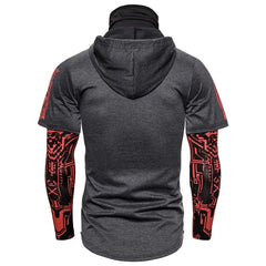 Men's Fitness Mask Fake Two-piece Graphic Stretch Hooded Long Sleeve Shirt