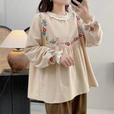 Floral Embroidered Women's Round Neck Hemp Base Shirt