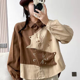 Contrast Color Patchwork Embroidered Corduroy Lapel Long-sleeved Cat Shirt